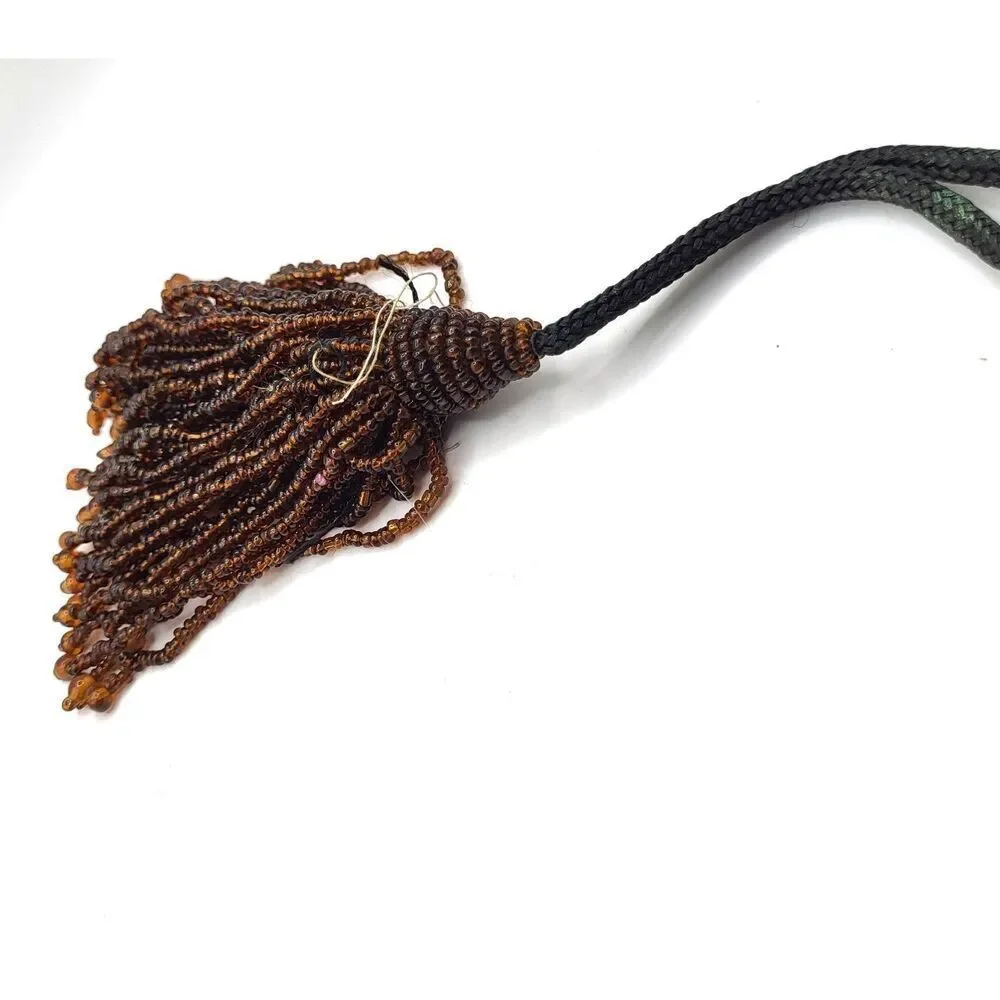 Vintage Brown Beaded Tassel Tie 8in